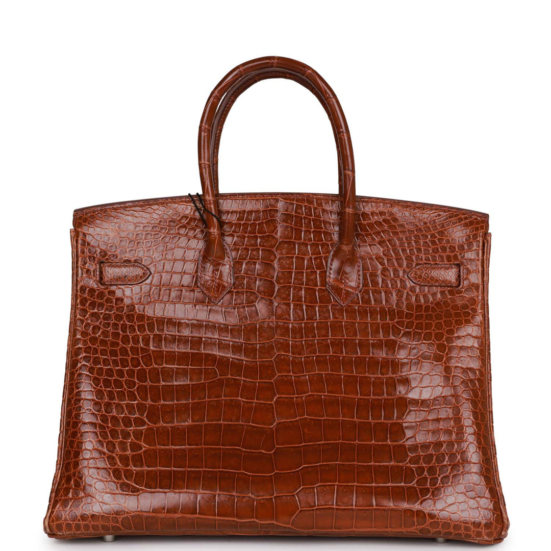 Premium Handmade Hermes Birkin 35 Miel Shiny Porosus Crocodile Palladium Hardware