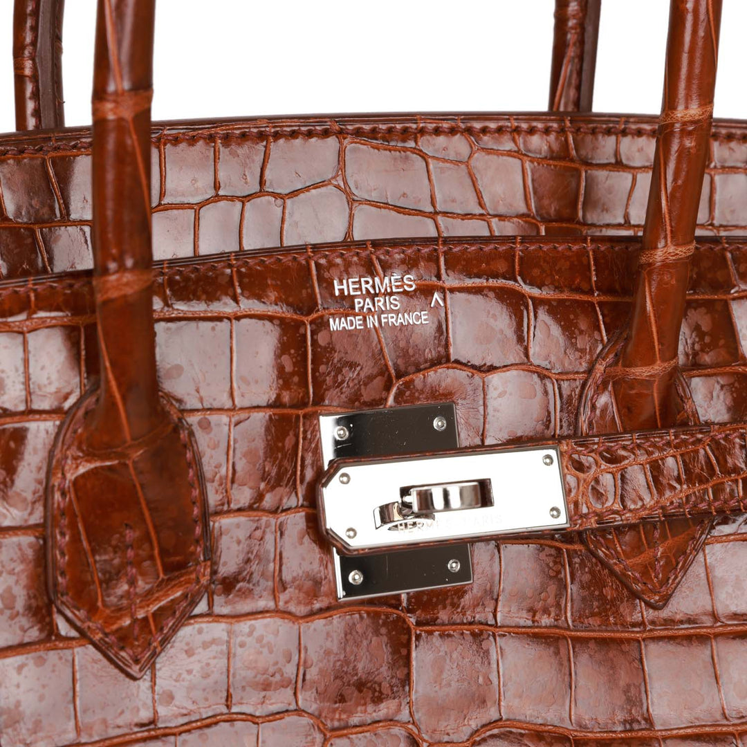Premium Handmade Hermes Birkin 35 Miel Shiny Porosus Crocodile Palladium Hardware