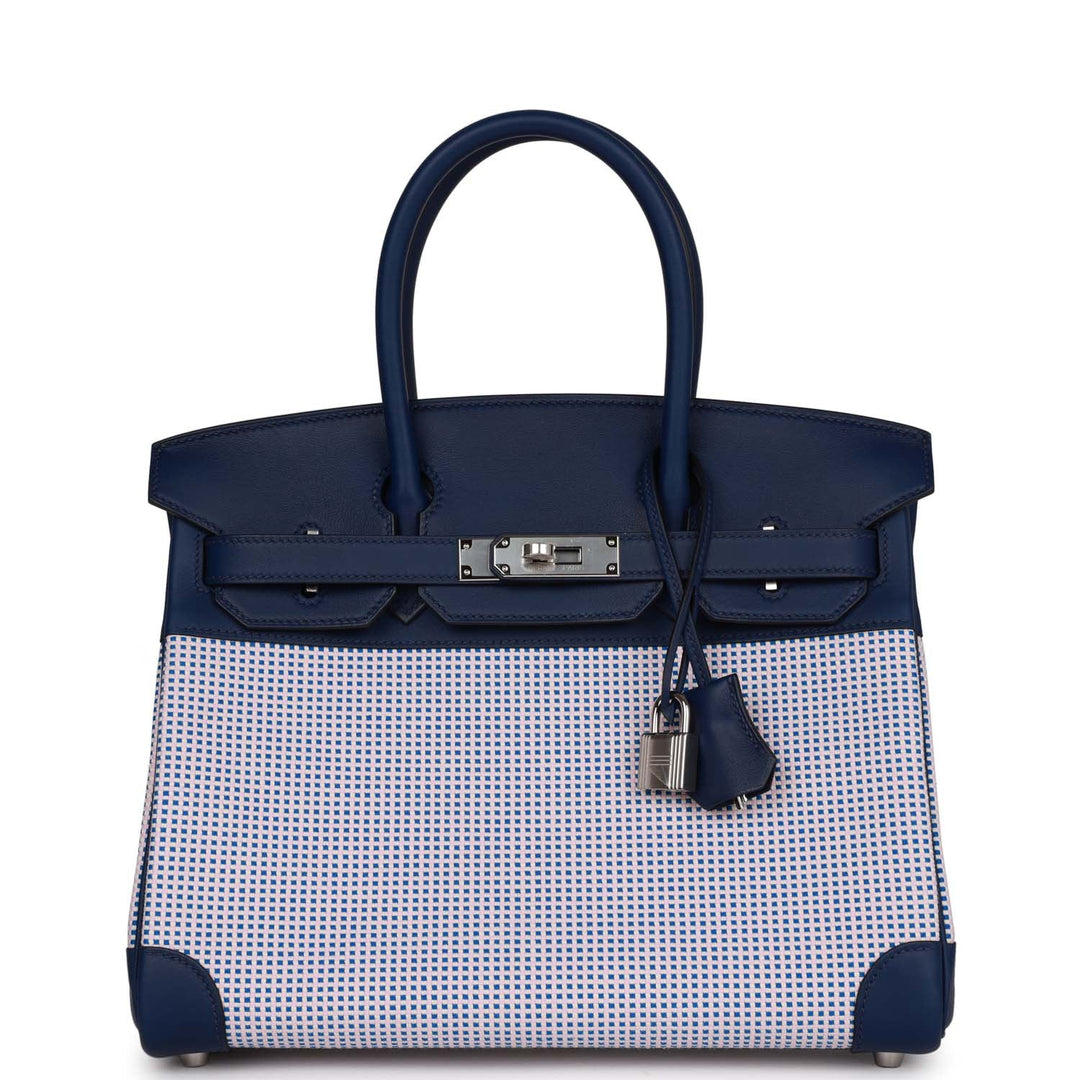 top quality Hermes Quadrille Birkin 30 Bleu Saphir Swift and Ecru Mauve Toile Palladium Hardware