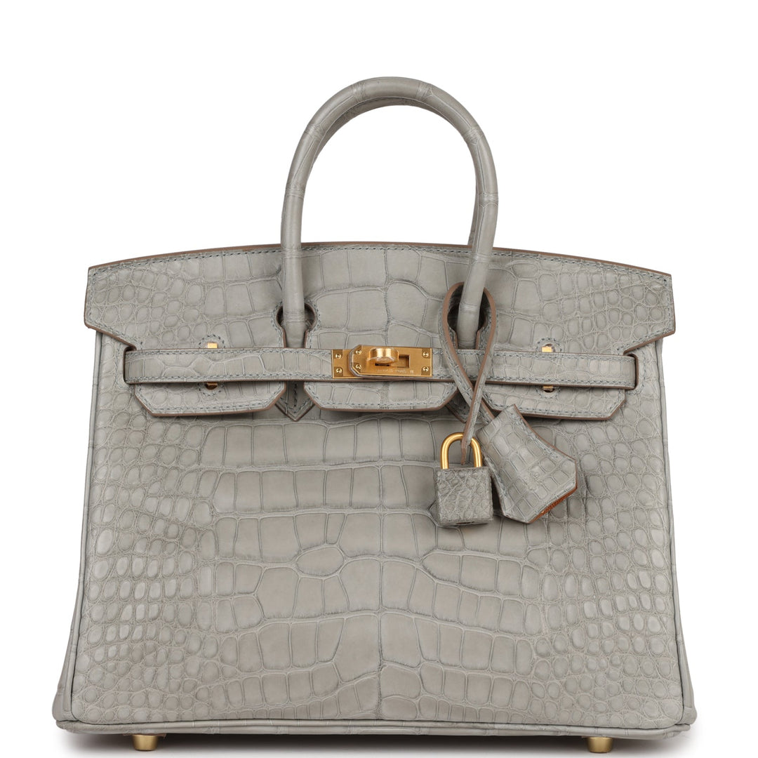 top quality Hermes Special Order (HSS) Birkin 25 Gris Perle Verso Matte Alligator Brushed Gold Hardware