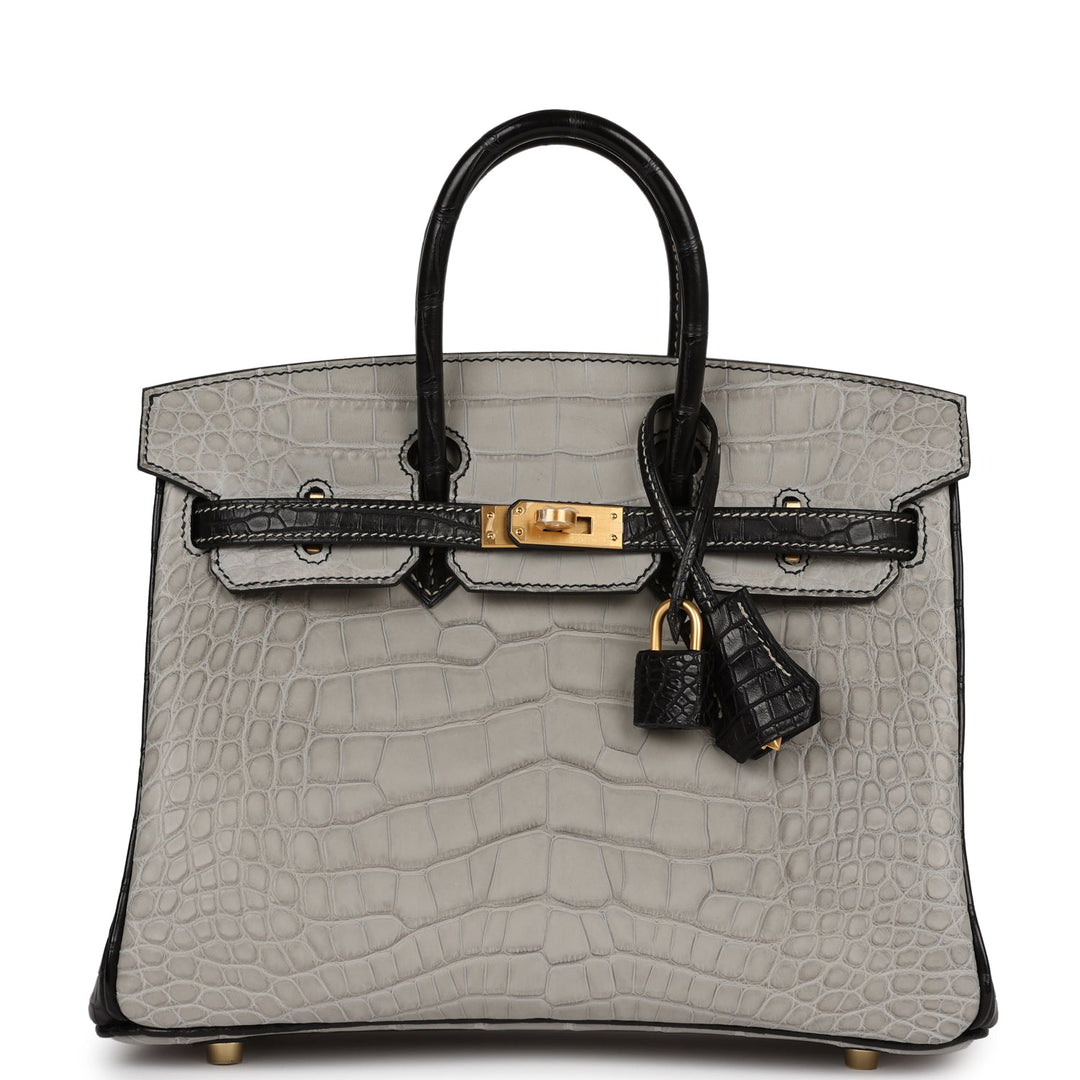top quality Hermes Special Order (HSS) Birkin 25 Gris Perle and Black Matte Alligator Brushed Gold Hardware