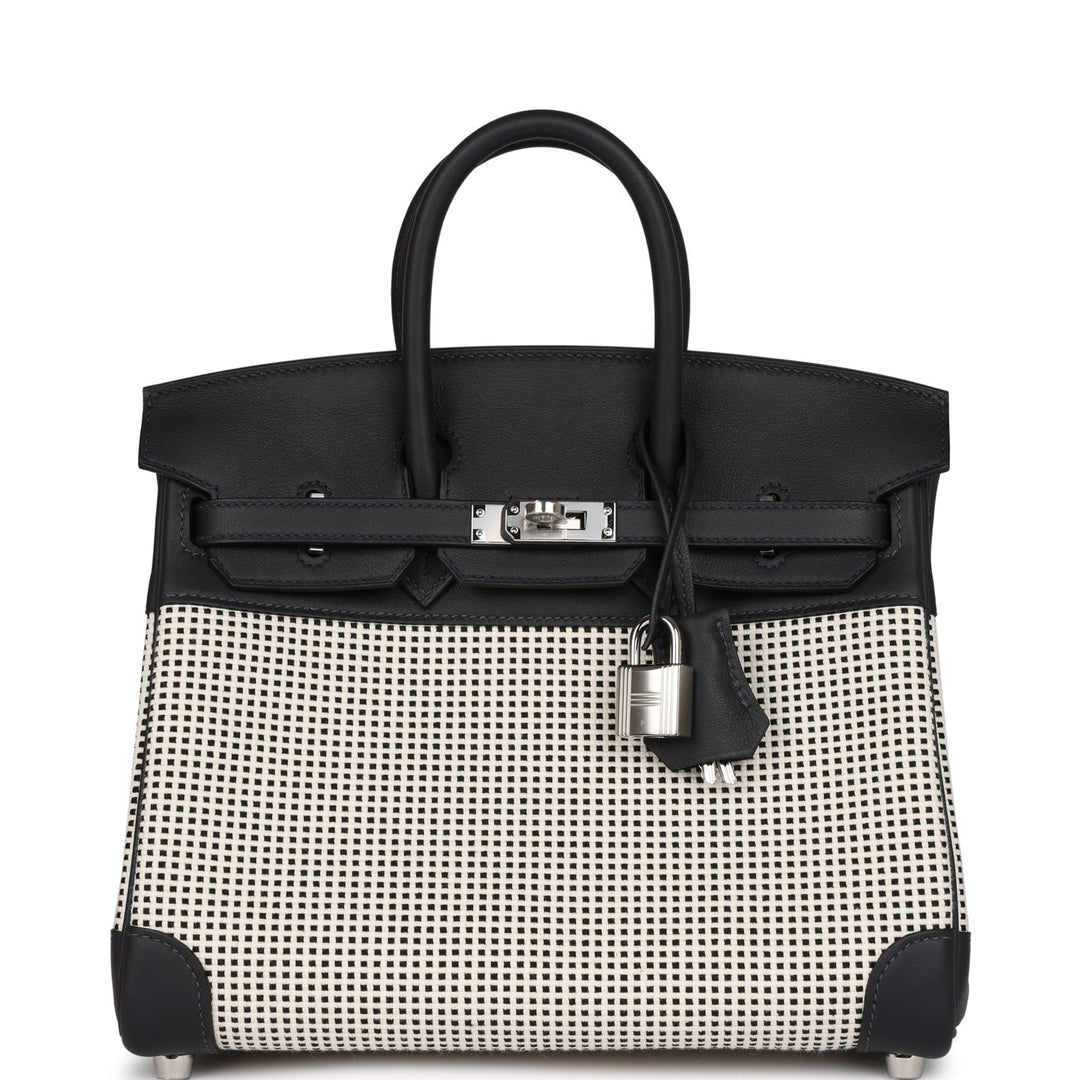 top quality Hermes Quadrille Birkin 25 Black Swift and Ecru Toile Palladium Hardware