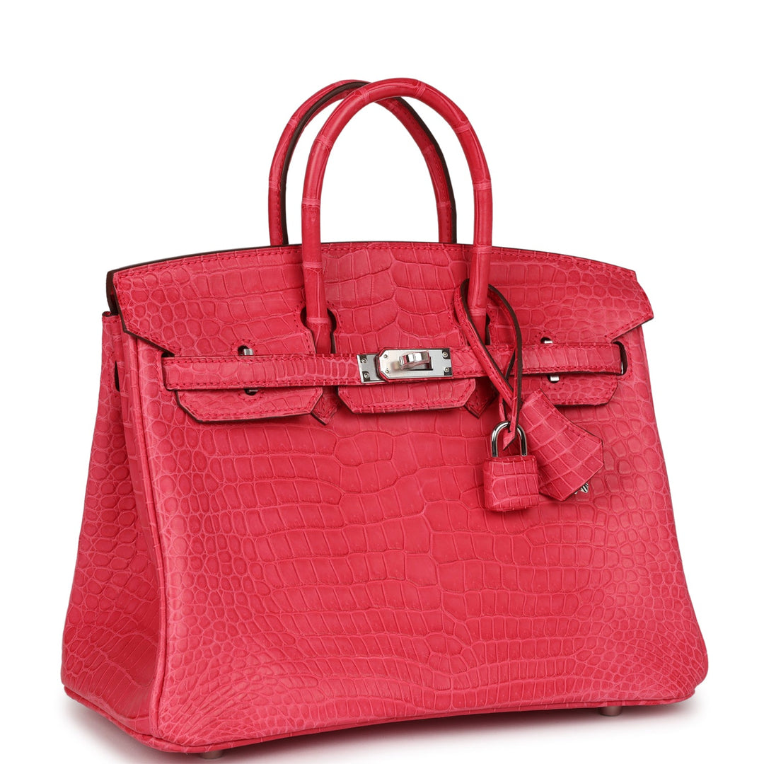 Premium Handmade Hermes Birkin 25 Rose Extreme Matte Porosus Crocodile Palladium Hardware