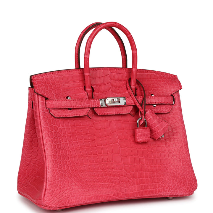 Premium Handmade Hermes Birkin 25 Rose Extreme Matte Porosus Crocodile Palladium Hardware