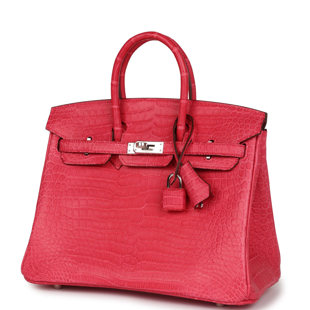 Premium Handmade Hermes Birkin 25 Rose Extreme Matte Porosus Crocodile Palladium Hardware