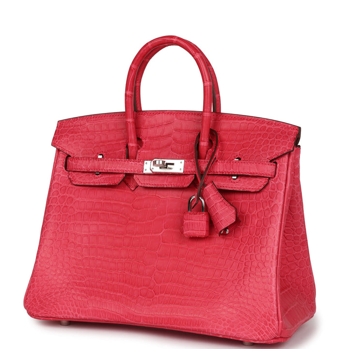 Premium Handmade Hermes Birkin 25 Rose Extreme Matte Porosus Crocodile Palladium Hardware