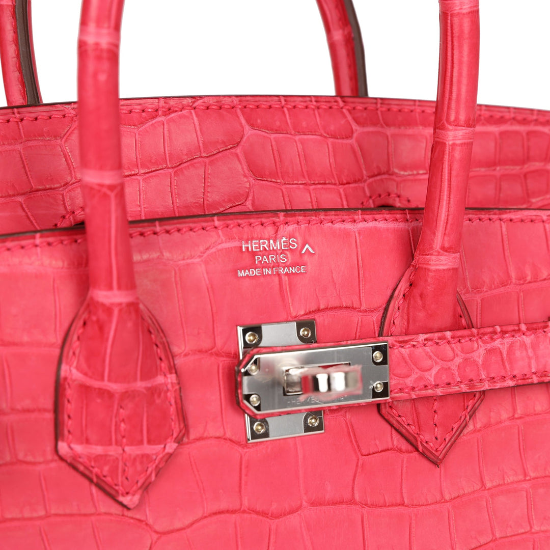 Premium Handmade Hermes Birkin 25 Rose Extreme Matte Porosus Crocodile Palladium Hardware