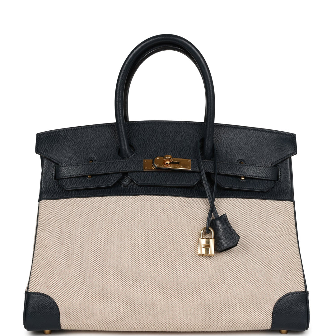 Vintage Top quality Hermes Birkin 35 Bleu Indigo Courchevel and Toile H Gold Hardware