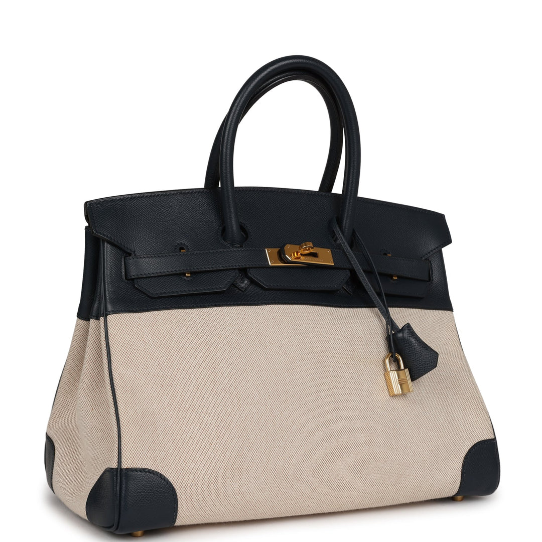 Vintage Top quality Hermes Birkin 35 Bleu Indigo Courchevel and Toile H Gold Hardware