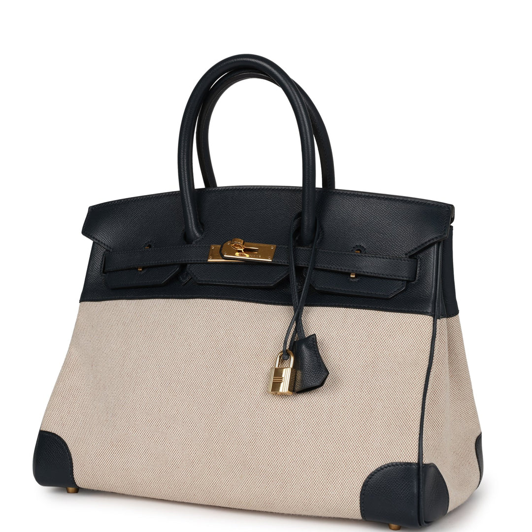Vintage Top quality Hermes Birkin 35 Bleu Indigo Courchevel and Toile H Gold Hardware