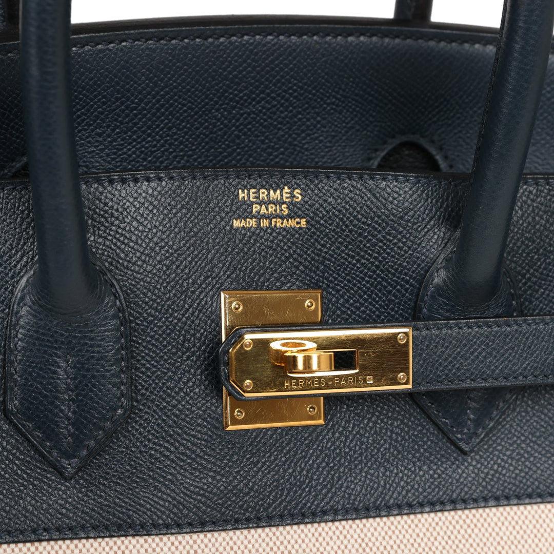 Vintage Top quality Hermes Birkin 35 Bleu Indigo Courchevel and Toile H Gold Hardware