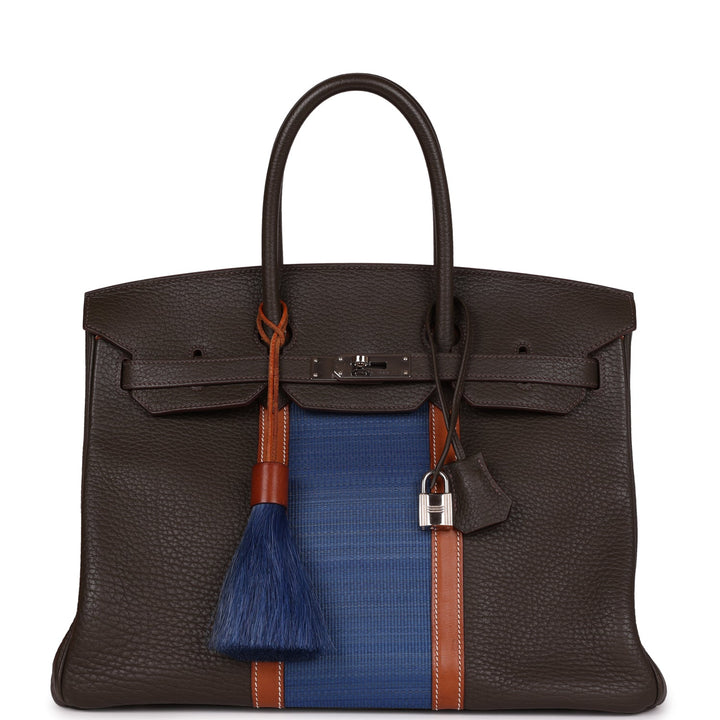 Premium Handmade Hermes Birkin Club 35 Vert Bronze, Blue Thalassa, Fauve Barenia Fjord & Ottomane Palladium Hardware