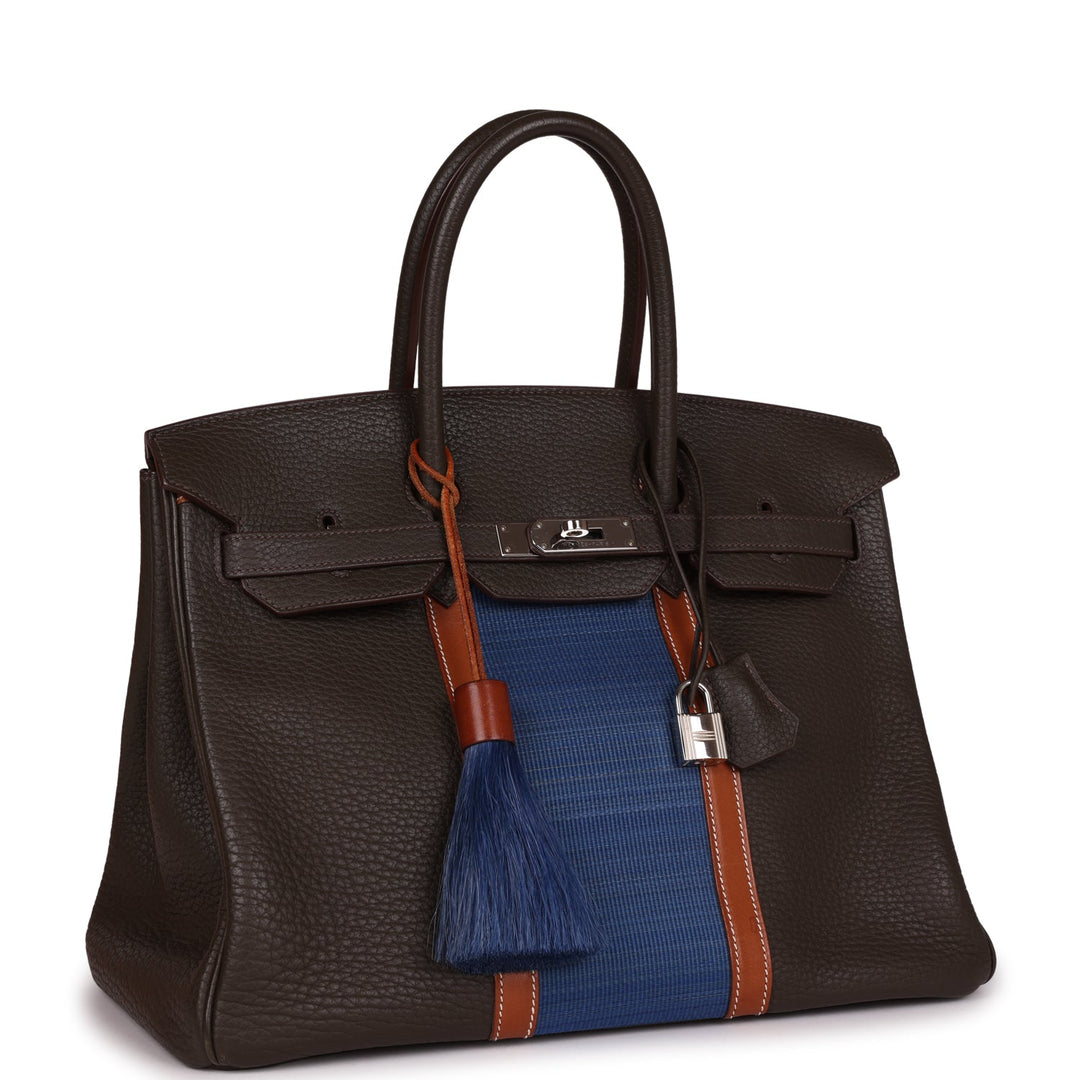 Premium Handmade Hermes Birkin Club 35 Vert Bronze, Blue Thalassa, Fauve Barenia Fjord & Ottomane Palladium Hardware