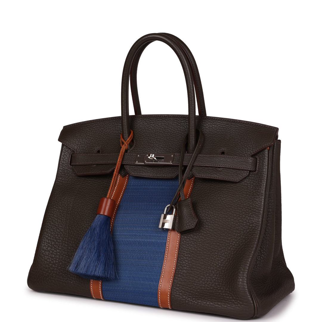 Premium Handmade Hermes Birkin Club 35 Vert Bronze, Blue Thalassa, Fauve Barenia Fjord & Ottomane Palladium Hardware