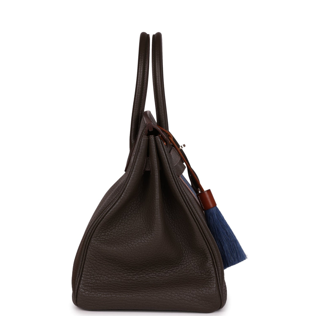 Premium Handmade Hermes Birkin Club 35 Vert Bronze, Blue Thalassa, Fauve Barenia Fjord & Ottomane Palladium Hardware