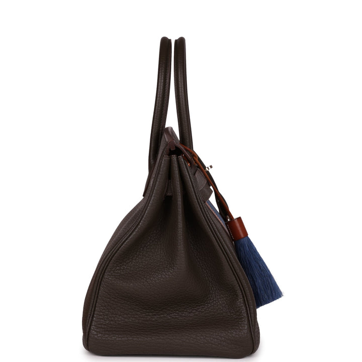 Premium Handmade Hermes Birkin Club 35 Vert Bronze, Blue Thalassa, Fauve Barenia Fjord & Ottomane Palladium Hardware