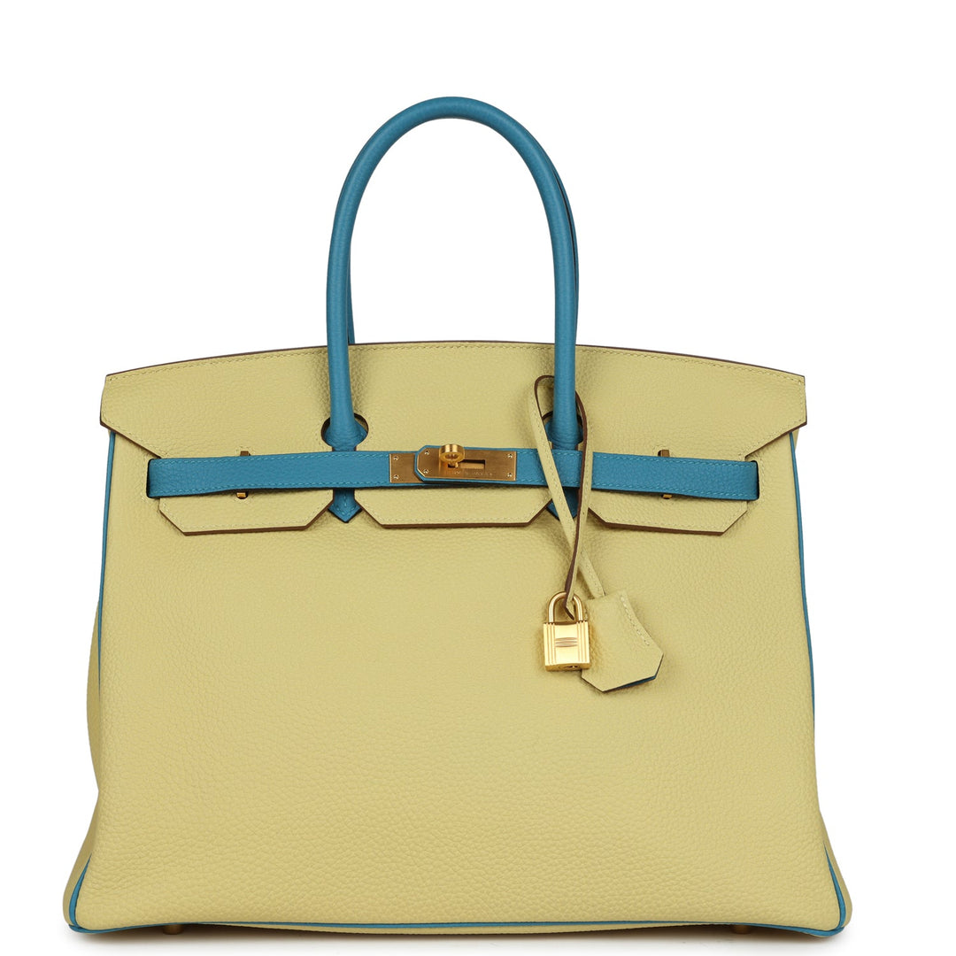 Top quality Hermes Special Order (HSS) Birkin 35 Jaune Poussin and Bleu Paradise Togo Brushed Gold Hardware