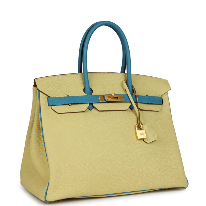 Top quality Hermes Special Order (HSS) Birkin 35 Jaune Poussin and Bleu Paradise Togo Brushed Gold Hardware