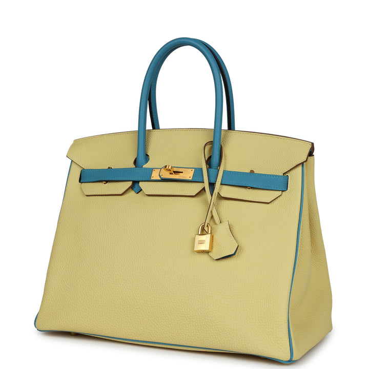 Top quality Hermes Special Order (HSS) Birkin 35 Jaune Poussin and Bleu Paradise Togo Brushed Gold Hardware
