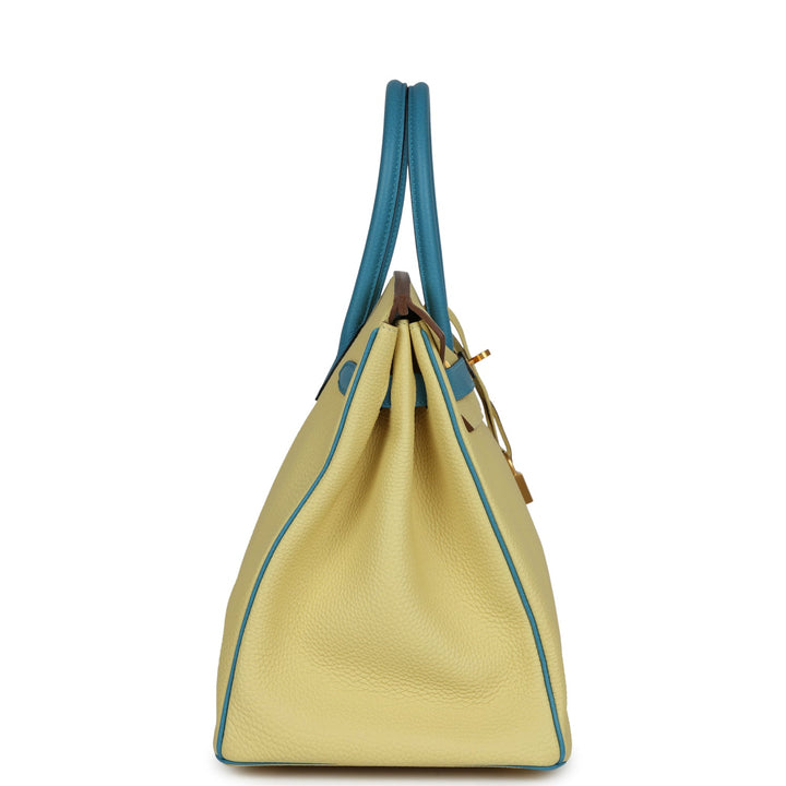 Top quality Hermes Special Order (HSS) Birkin 35 Jaune Poussin and Bleu Paradise Togo Brushed Gold Hardware