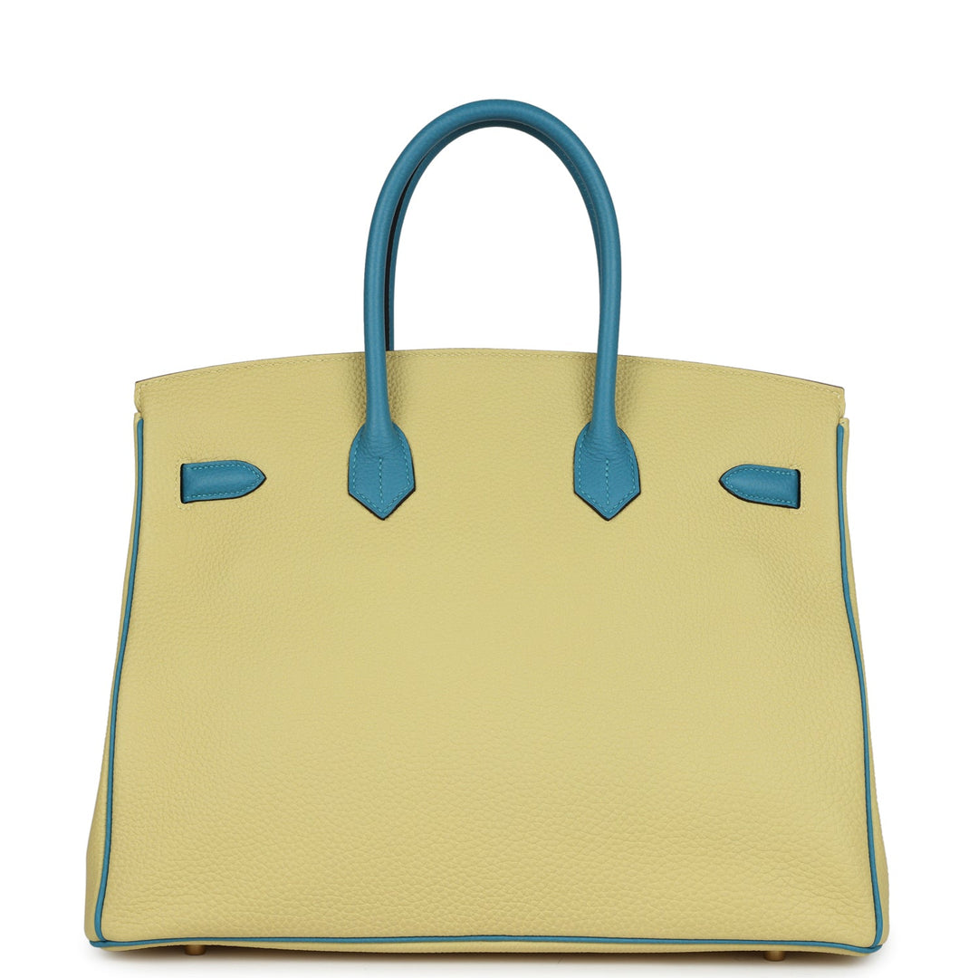 Top quality Hermes Special Order (HSS) Birkin 35 Jaune Poussin and Bleu Paradise Togo Brushed Gold Hardware
