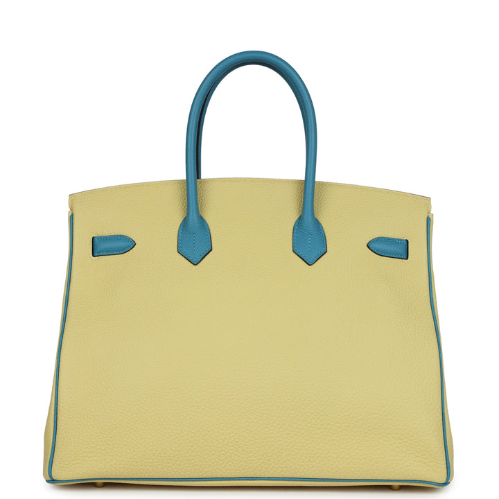 Hermes Special Order (HSS) Birkin 35 Jaune Poussin and Bleu Paradise Togo Brushed Gold Hardware