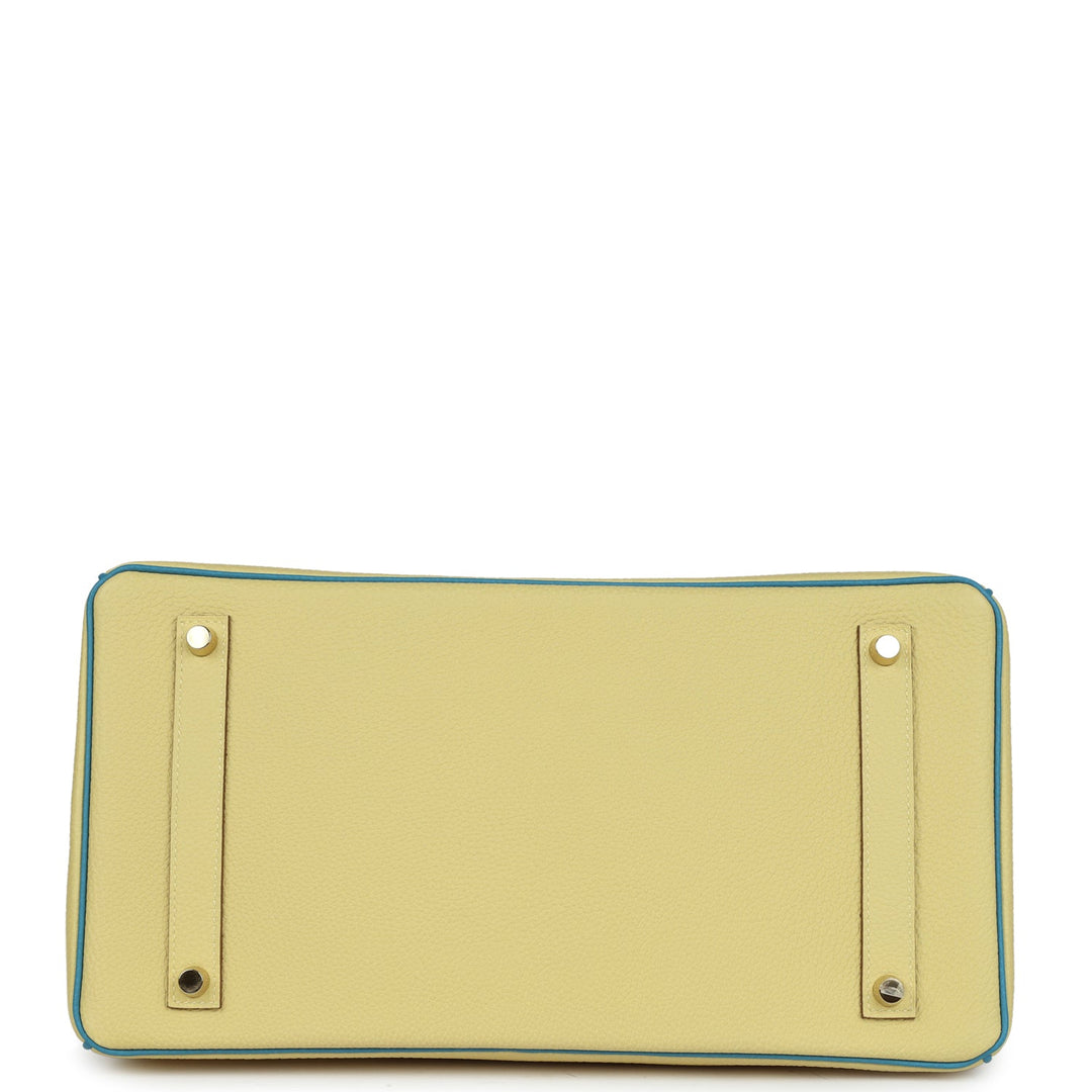 Hermes Special Order (HSS) Birkin 35 Jaune Poussin and Bleu Paradise Togo Brushed Gold Hardware