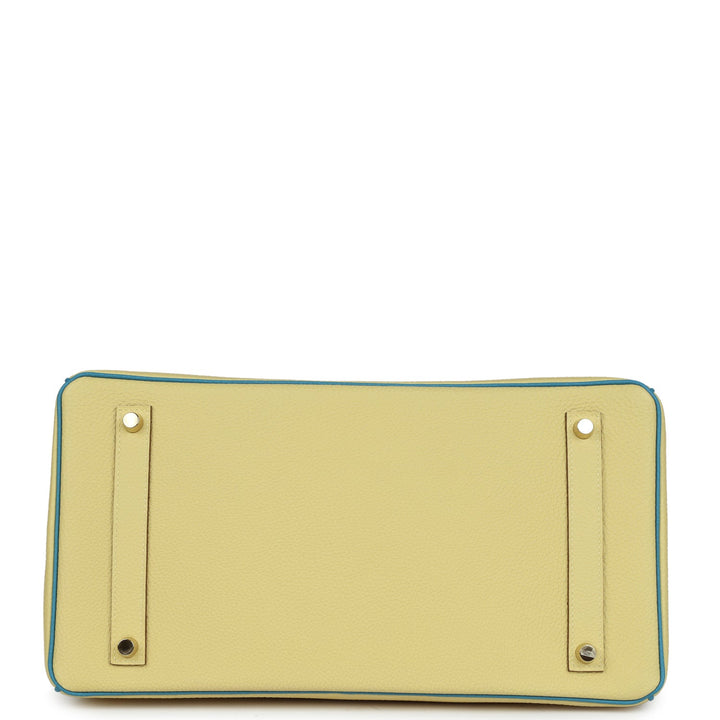 Hermes Special Order (HSS) Birkin 35 Jaune Poussin and Bleu Paradise Togo Brushed Gold Hardware