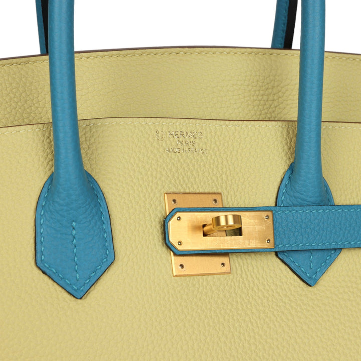 Top quality Hermes Special Order (HSS) Birkin 35 Jaune Poussin and Bleu Paradise Togo Brushed Gold Hardware