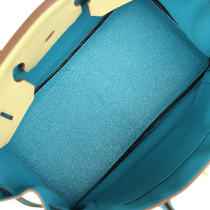 Top quality Hermes Special Order (HSS) Birkin 35 Jaune Poussin and Bleu Paradise Togo Brushed Gold Hardware