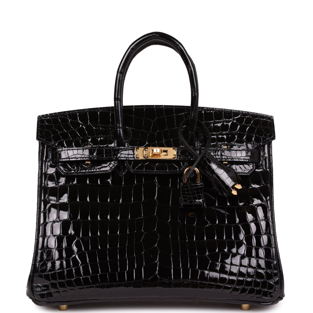 Premium Handmade Hermes Birkin 25 Black Shiny Niloticus Crocodile Gold Hardware