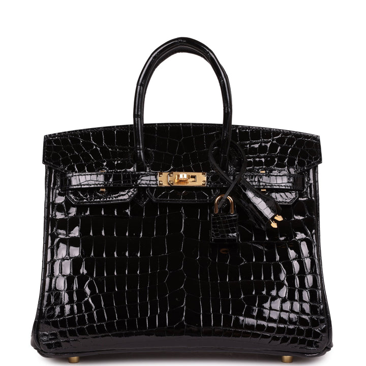 Premium Handmade Hermes Birkin 25 Black Shiny Niloticus Crocodile Gold Hardware