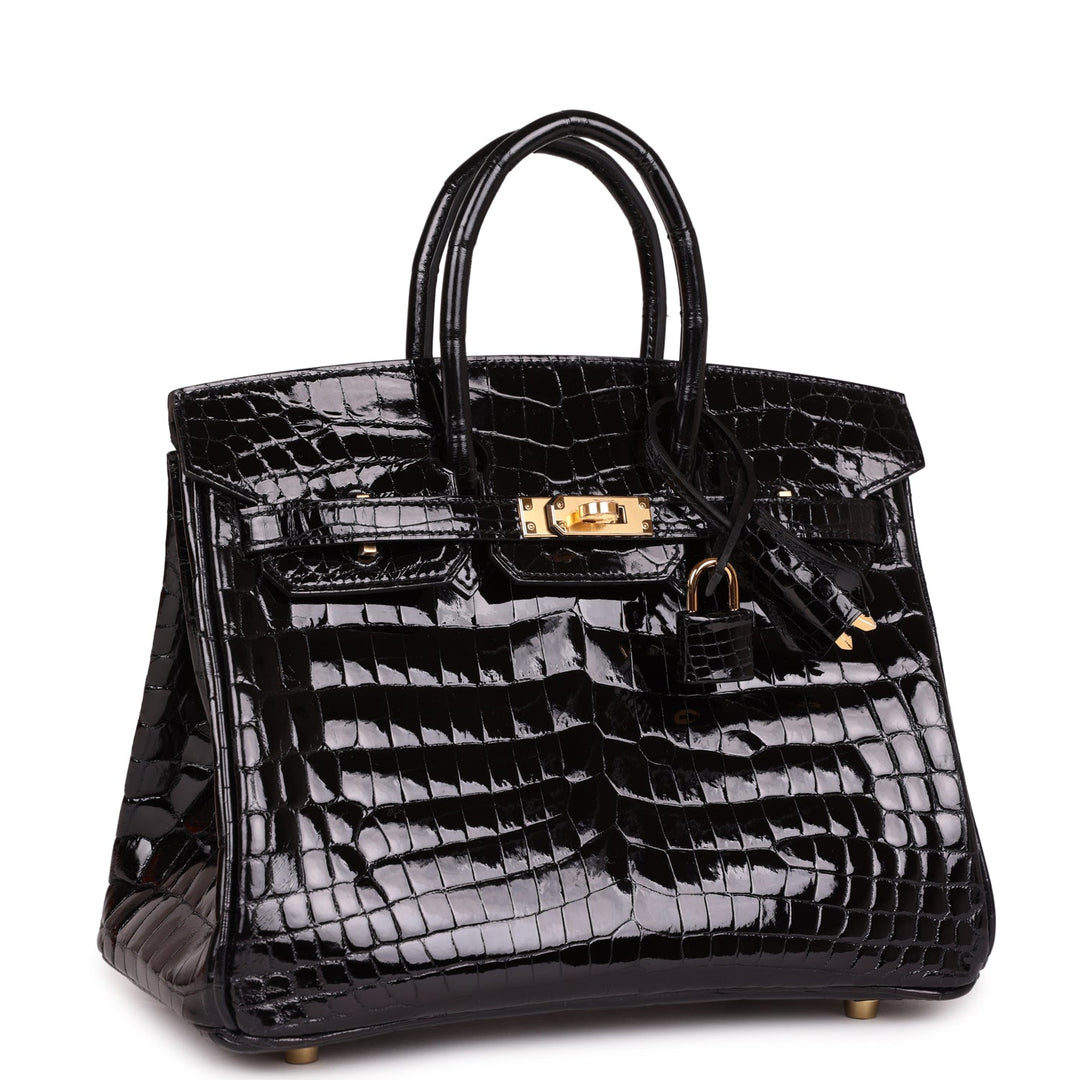 Premium Handmade Hermes Birkin 25 Black Shiny Niloticus Crocodile Gold Hardware