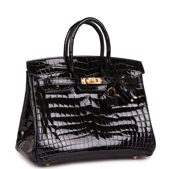 Premium Handmade Hermes Birkin 25 Black Shiny Niloticus Crocodile Gold Hardware