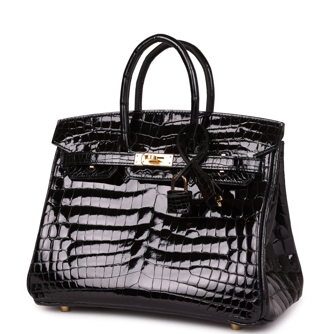 Premium Handmade Hermes Birkin 25 Black Shiny Niloticus Crocodile Gold Hardware