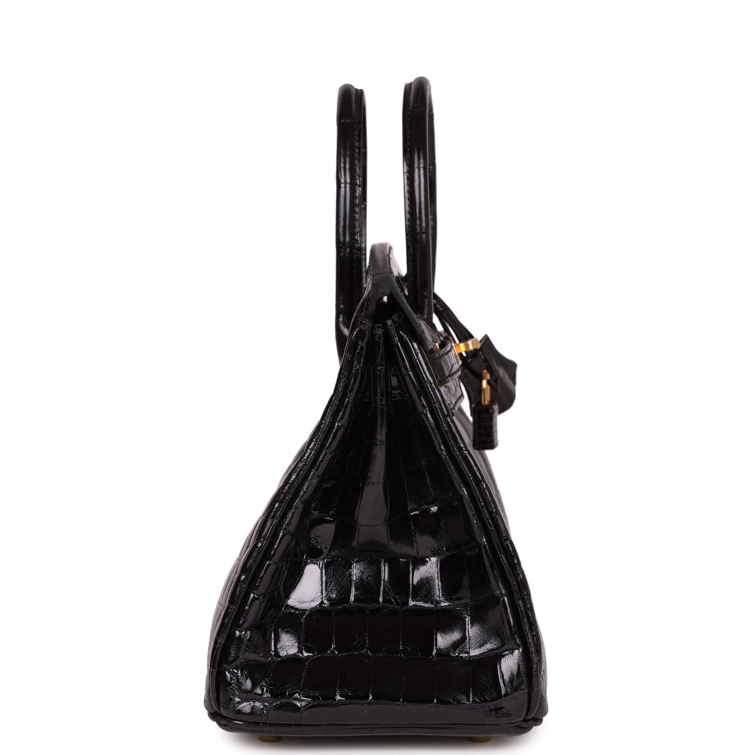 Premium Handmade Hermes Birkin 25 Black Shiny Niloticus Crocodile Gold Hardware