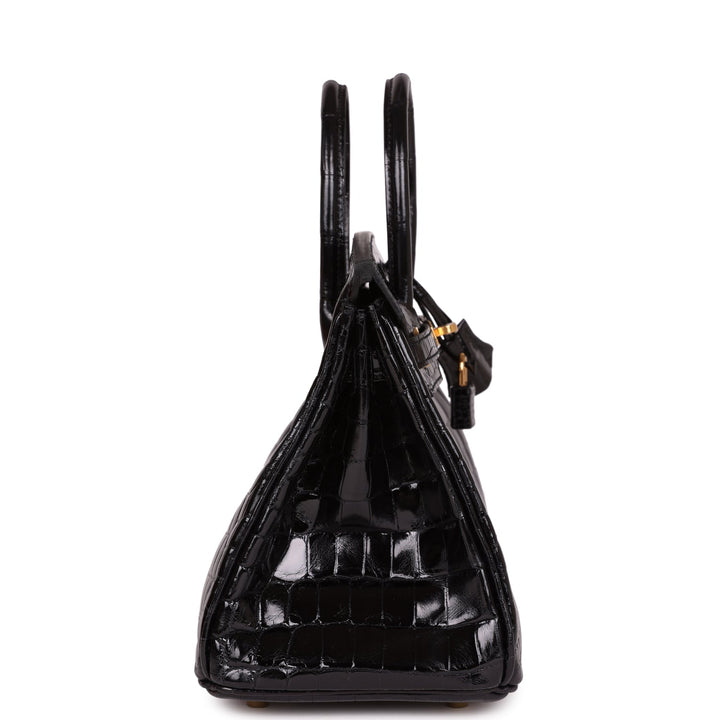 Premium Handmade Hermes Birkin 25 Black Shiny Niloticus Crocodile Gold Hardware