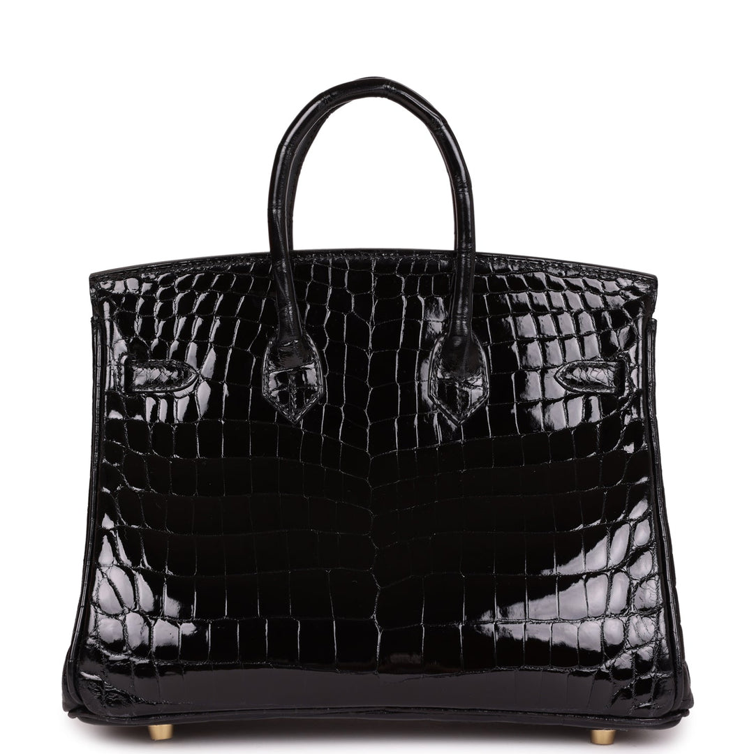 Premium Handmade Hermes Birkin 25 Black Shiny Niloticus Crocodile Gold Hardware