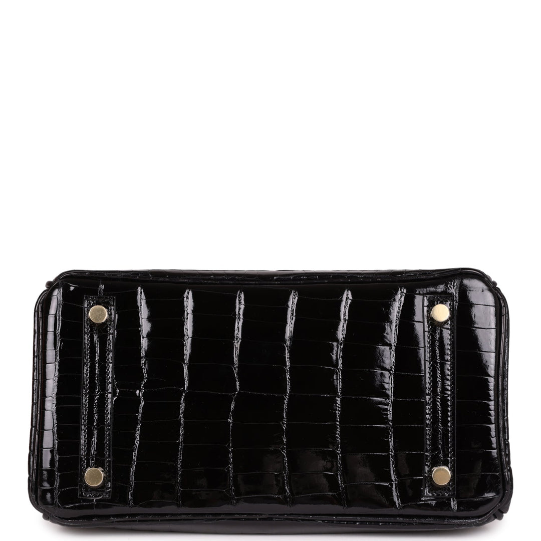 Premium Handmade Hermes Birkin 25 Black Shiny Niloticus Crocodile Gold Hardware
