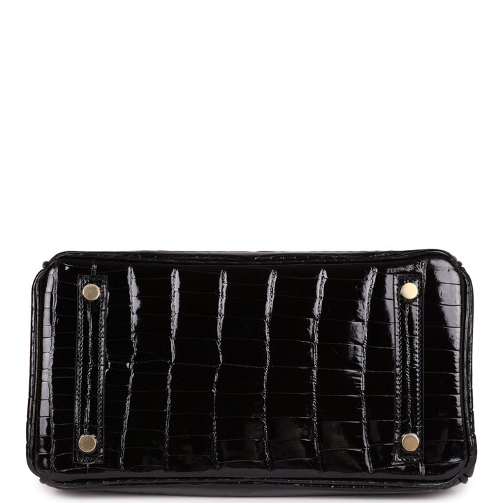 Premium Handmade Hermes Birkin 25 Black Shiny Niloticus Crocodile Gold Hardware
