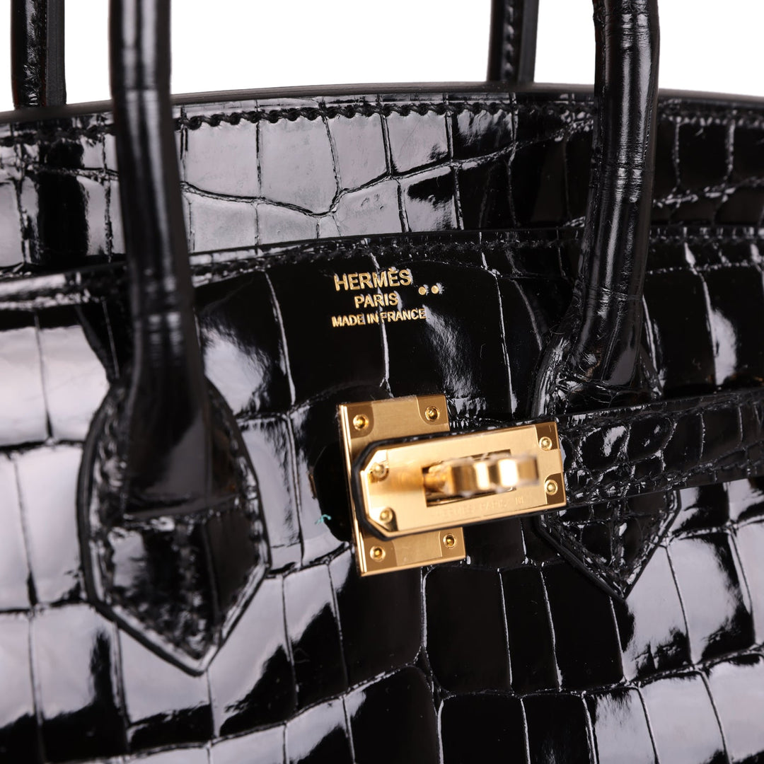 Premium Handmade Hermes Birkin 25 Black Shiny Niloticus Crocodile Gold Hardware
