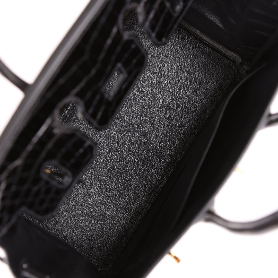 Premium Handmade Hermes Birkin 25 Black Shiny Niloticus Crocodile Gold Hardware