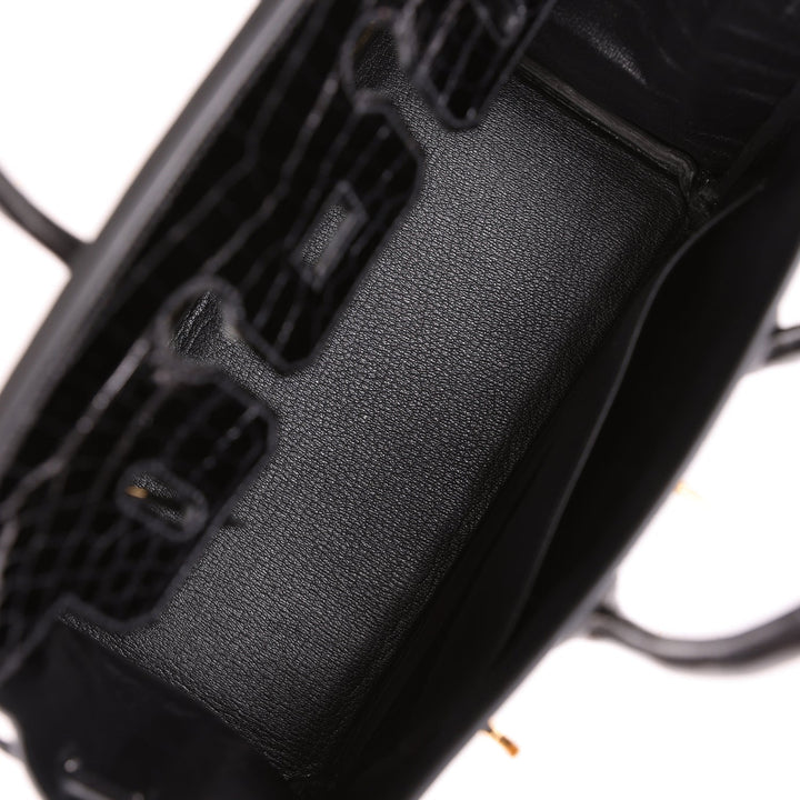 Premium Handmade Hermes Birkin 25 Black Shiny Niloticus Crocodile Gold Hardware