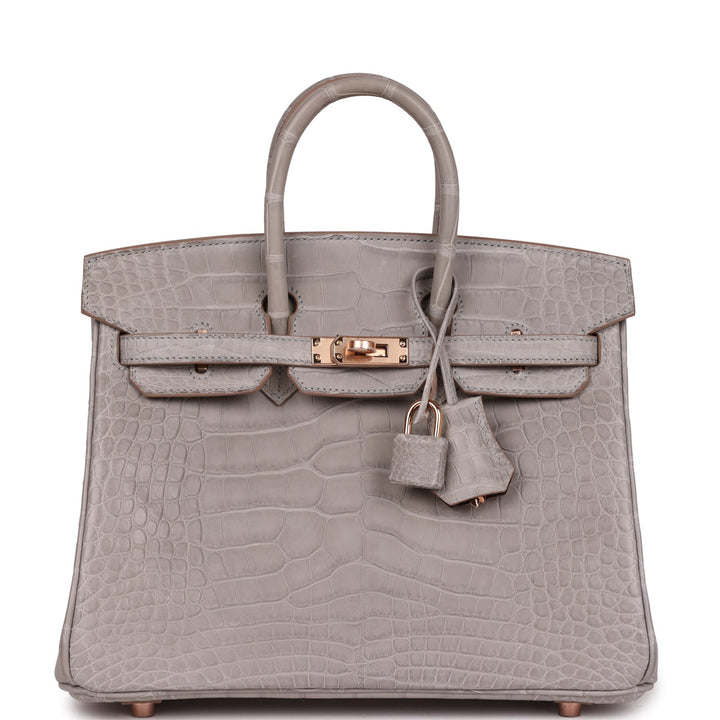 Top quality Hermes Special Order (HSS) Birkin 25 Gris Perle Verso Matte Alligator Rose Gold Hardware