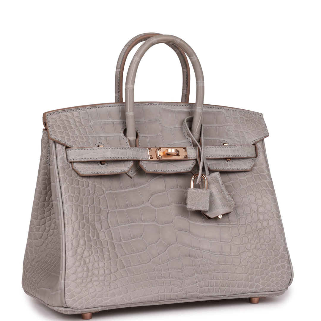 Top quality Hermes Special Order (HSS) Birkin 25 Gris Perle Verso Matte Alligator Rose Gold Hardware