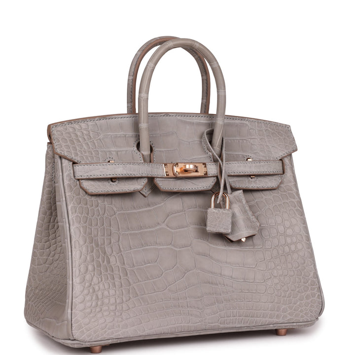 Top quality Hermes Special Order (HSS) Birkin 25 Gris Perle Verso Matte Alligator Rose Gold Hardware