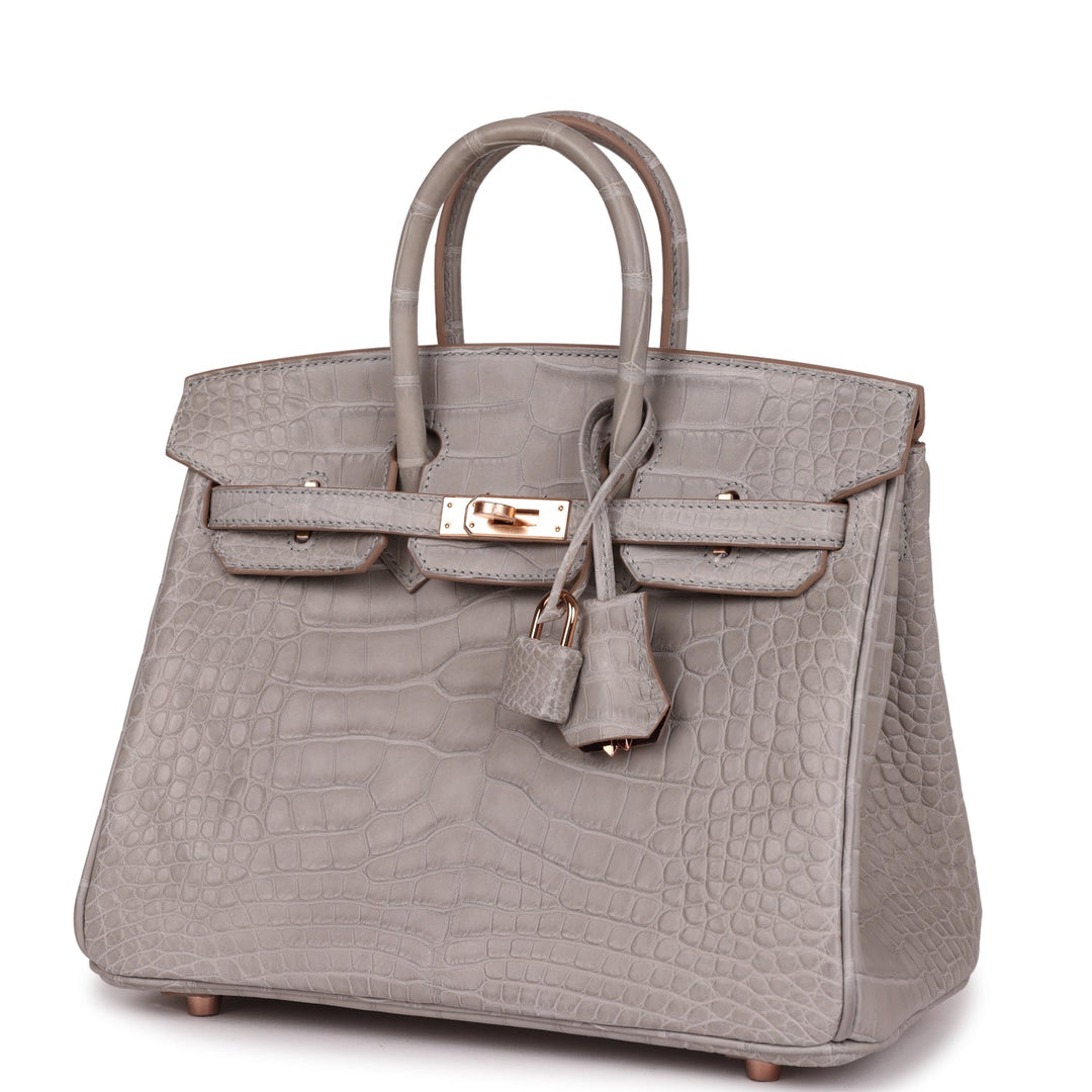 Top quality Hermes Special Order (HSS) Birkin 25 Gris Perle Verso Matte Alligator Rose Gold Hardware