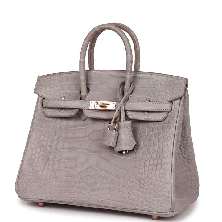 Top quality Hermes Special Order (HSS) Birkin 25 Gris Perle Verso Matte Alligator Rose Gold Hardware