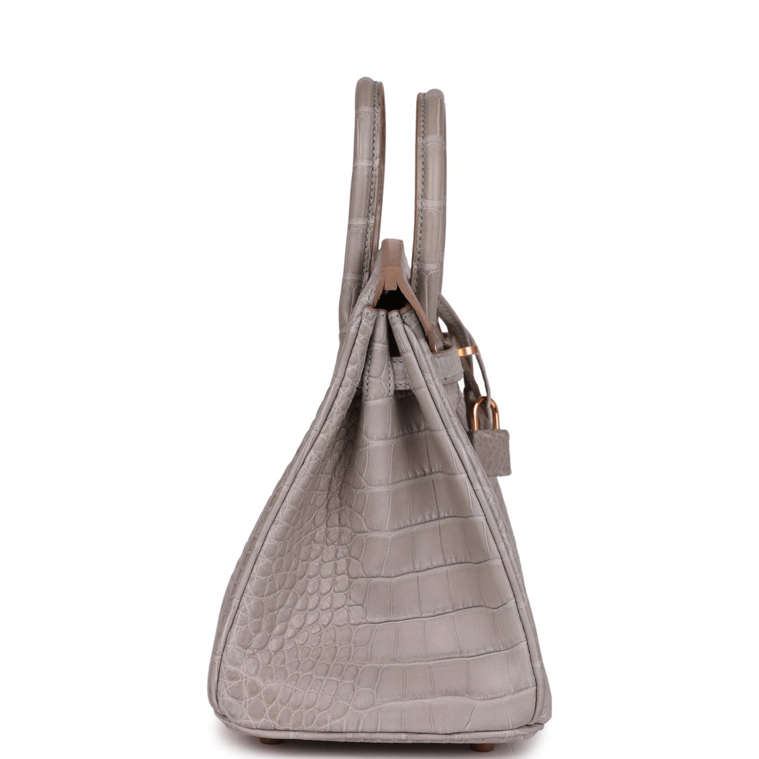 Top quality Hermes Special Order (HSS) Birkin 25 Gris Perle Verso Matte Alligator Rose Gold Hardware