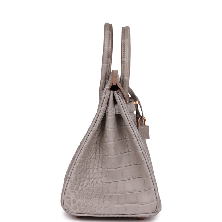 Top quality Hermes Special Order (HSS) Birkin 25 Gris Perle Verso Matte Alligator Rose Gold Hardware